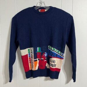 Topps Trowsers Crewneck Sweater Men's Medium Blue Folies Bergere Graphic Knit